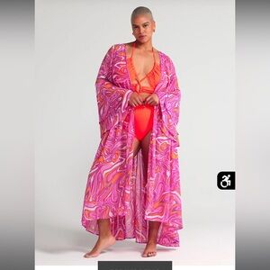 Fashion to Figure Pink and Orange Swirl Swim Cover-Up Duster Cardigan Size 1XL